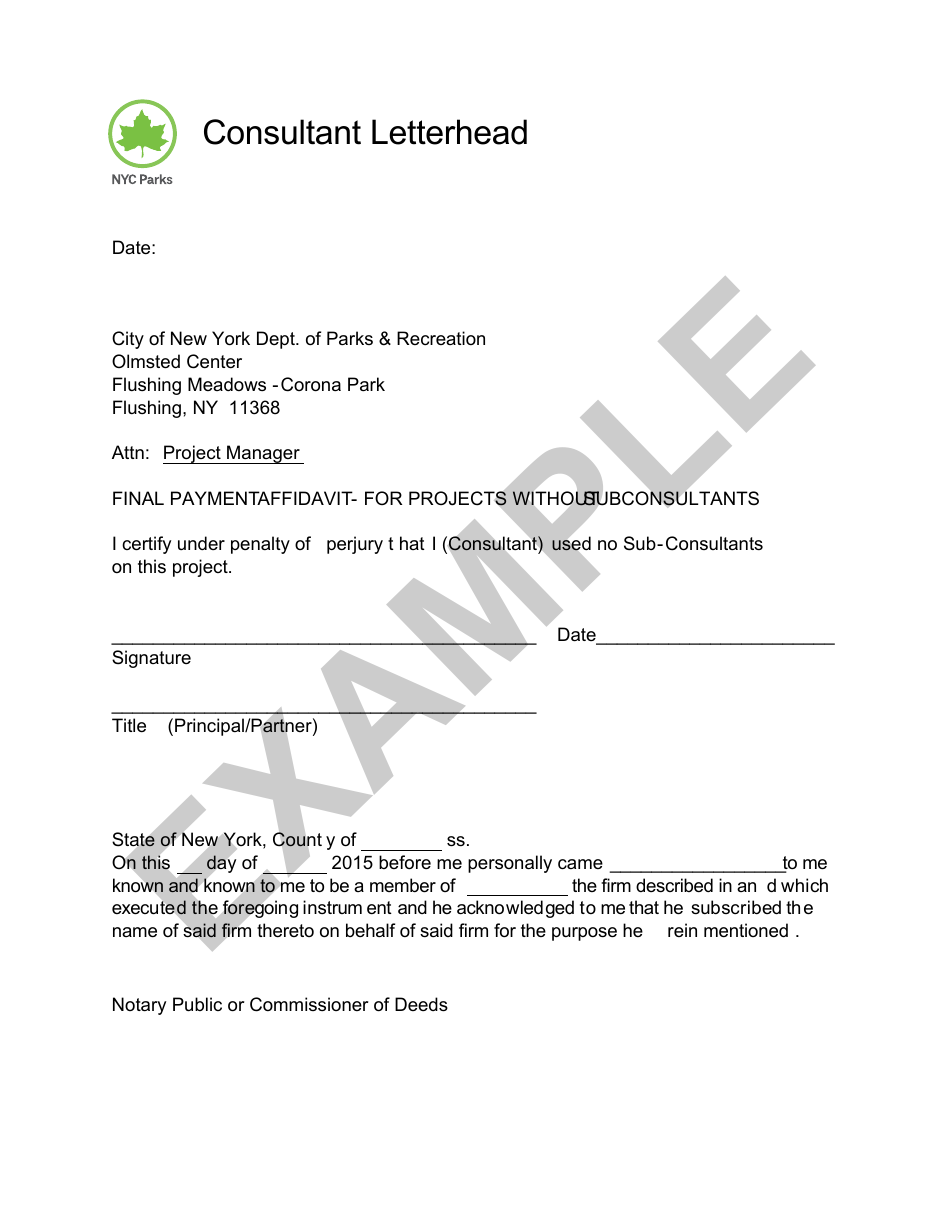 Sample Final Affidavit for Projects Without Subconsultants - New York City, Page 1