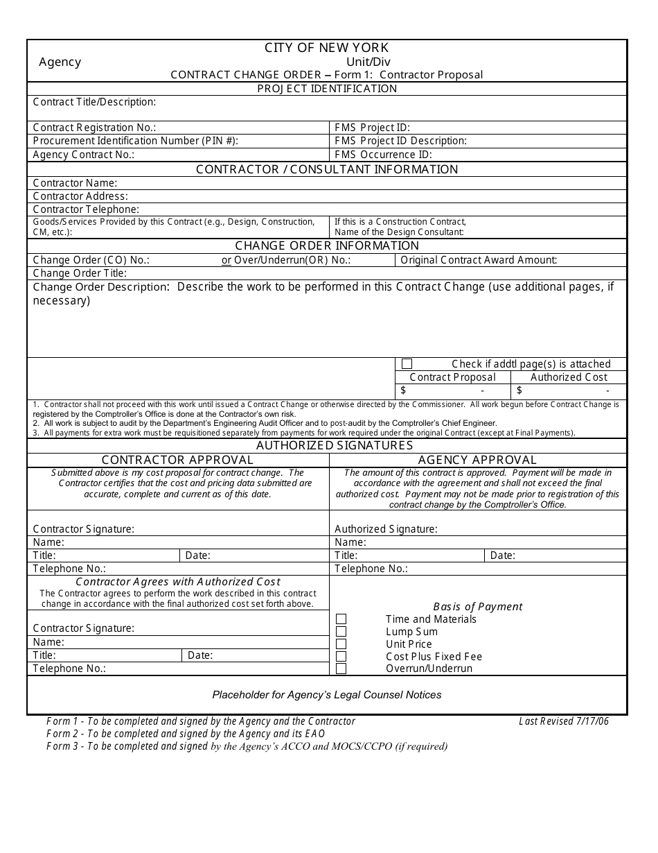 Form 1 Contract Change Order - New York City, Page 1