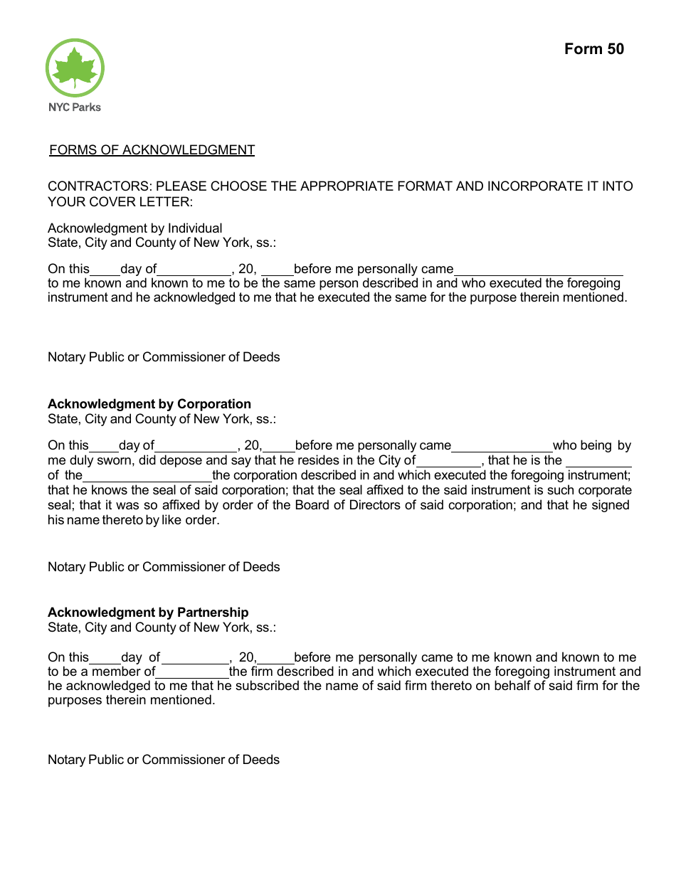 Form 50 Forms of Acknowledgment - New York City, Page 1