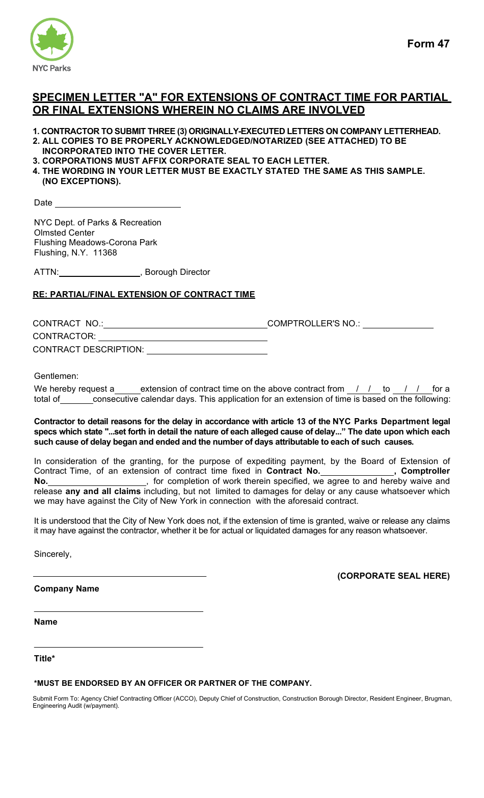 Form 47 Specimen Letter a for Extensions of Contract Time for Partial or Final Extensions Wherein No Claims Are Involved - New York City, Page 1