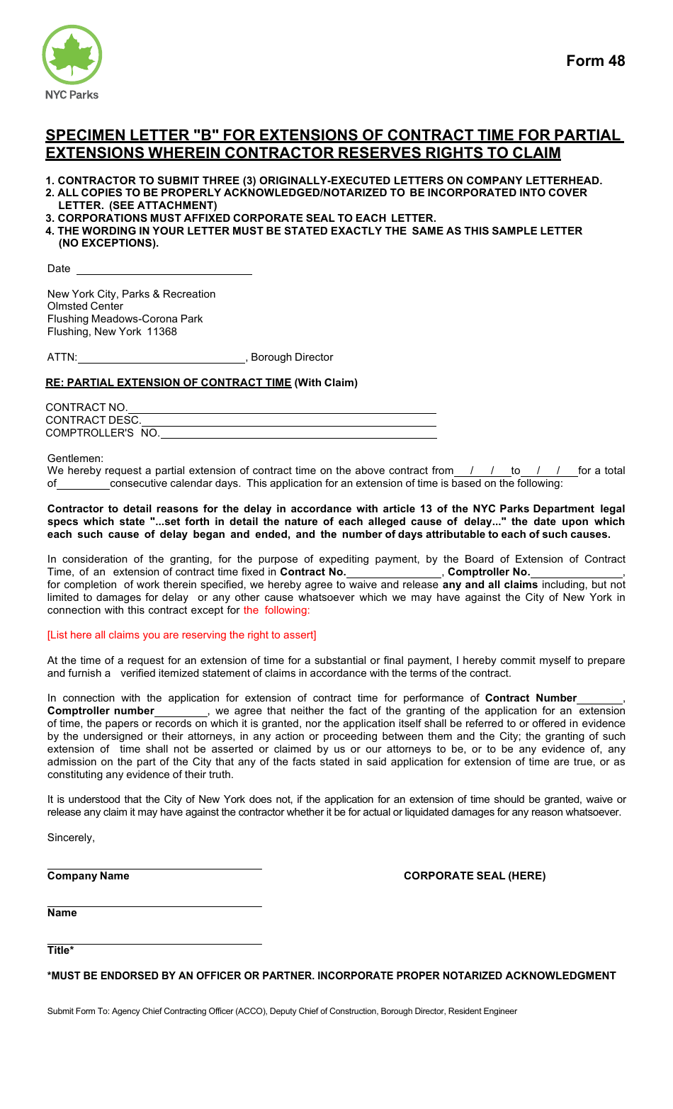 Form 48 Specimen Letter b for Extensions of Contract Time for Partial Extensions Wherein Contractor Reserves Rights to Claim - New York City, Page 1