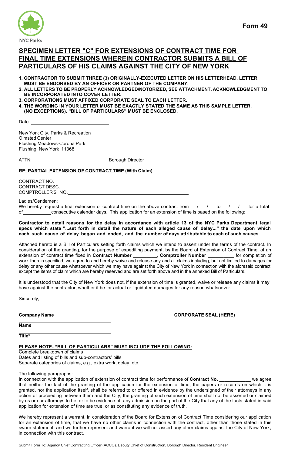 Form 49 Specimen Letter c for Extensions of Contract Time for Final Time Extensions Wherein Contractor Submits a Bill of Particulars of His Claims Against the City of New York - New York City, Page 1