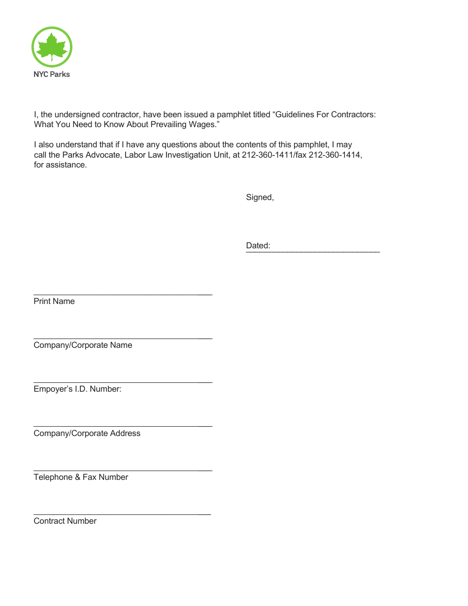 Form 114 Prevailing Wage Acknowledgement Form - New York City, Page 1