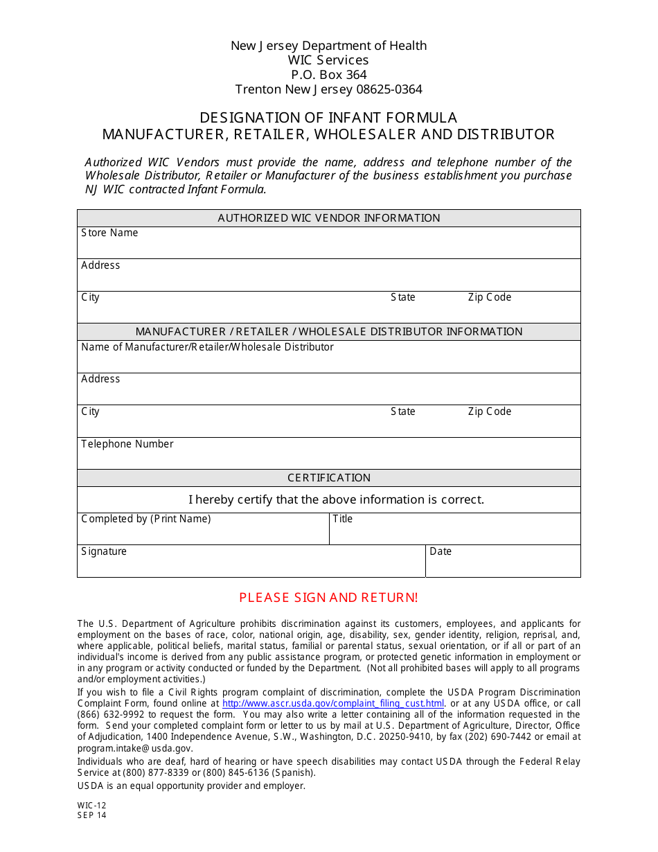 Form WIC-12 Designation of Infant Formula Manufacturer, Retailer, Wholesaler and Distributor - New Jersey, Page 1