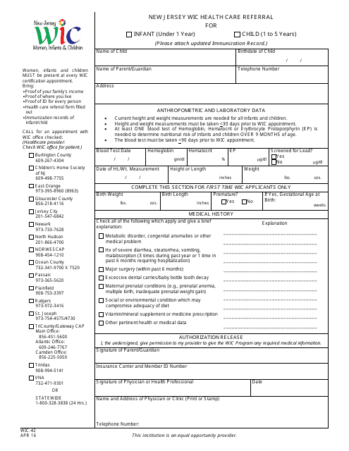 Form WIC-42 Nj Wic Health Care Referral - New Jersey
