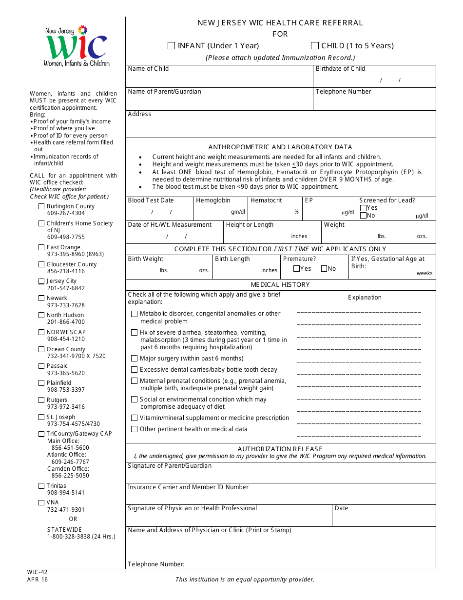 Form WIC-42 Nj Wic Health Care Referral - New Jersey, Page 1