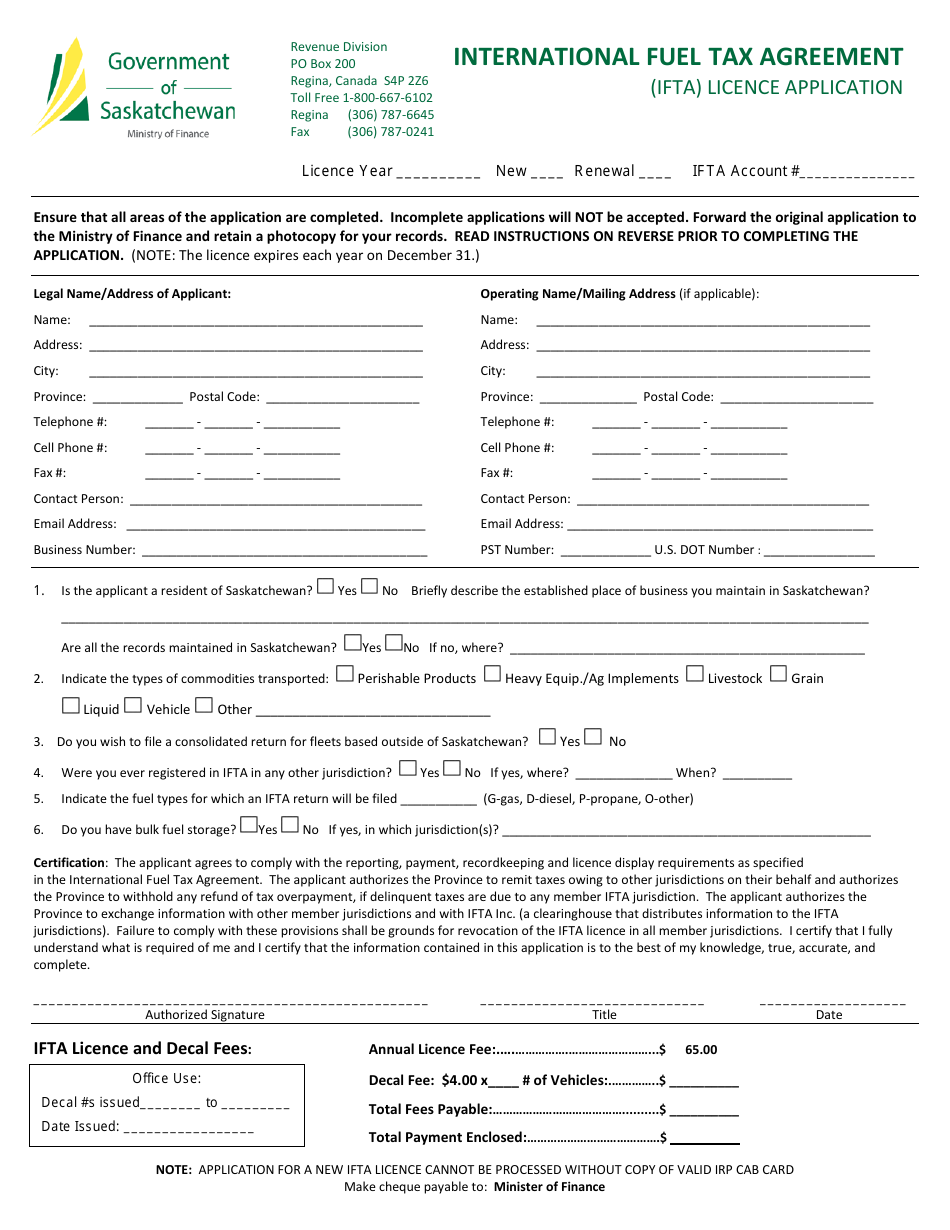 International Fuel Tax Agreement (Ifta) Licence Application - Saskatchewan, Canada, Page 1
