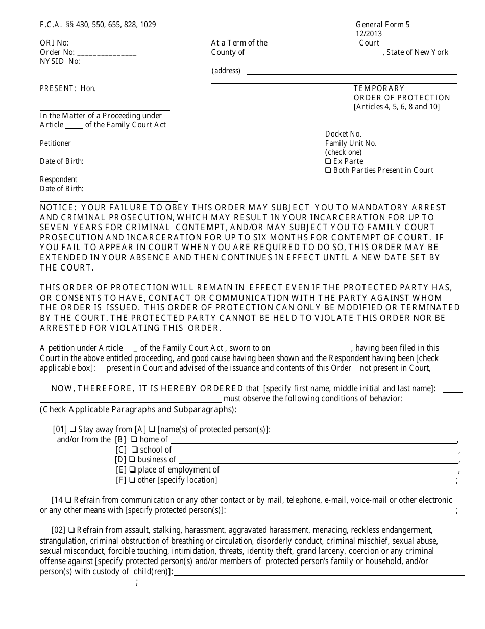 Form GF-5 Temporary Order of Protection - New York, Page 1