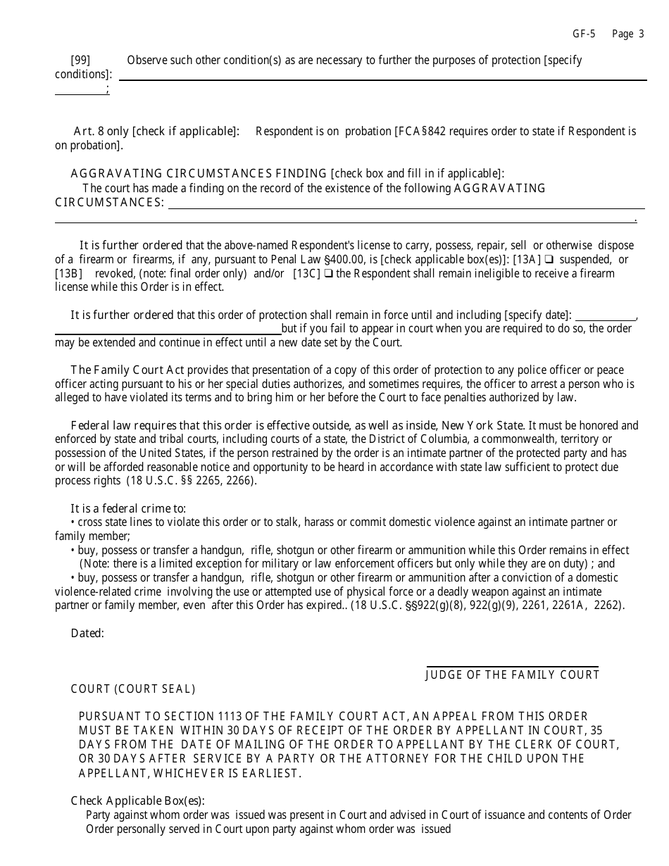 Form GF-5 Temporary Order of Protection - New York, Page 3