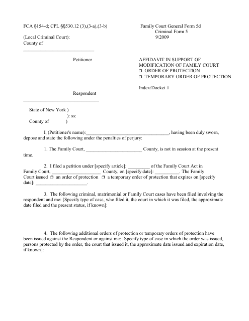 General Form 5D (Criminal Form 5) Affidavit in Support of Modification of Family Court Temporary Order of Protection or Order of Protection - New York