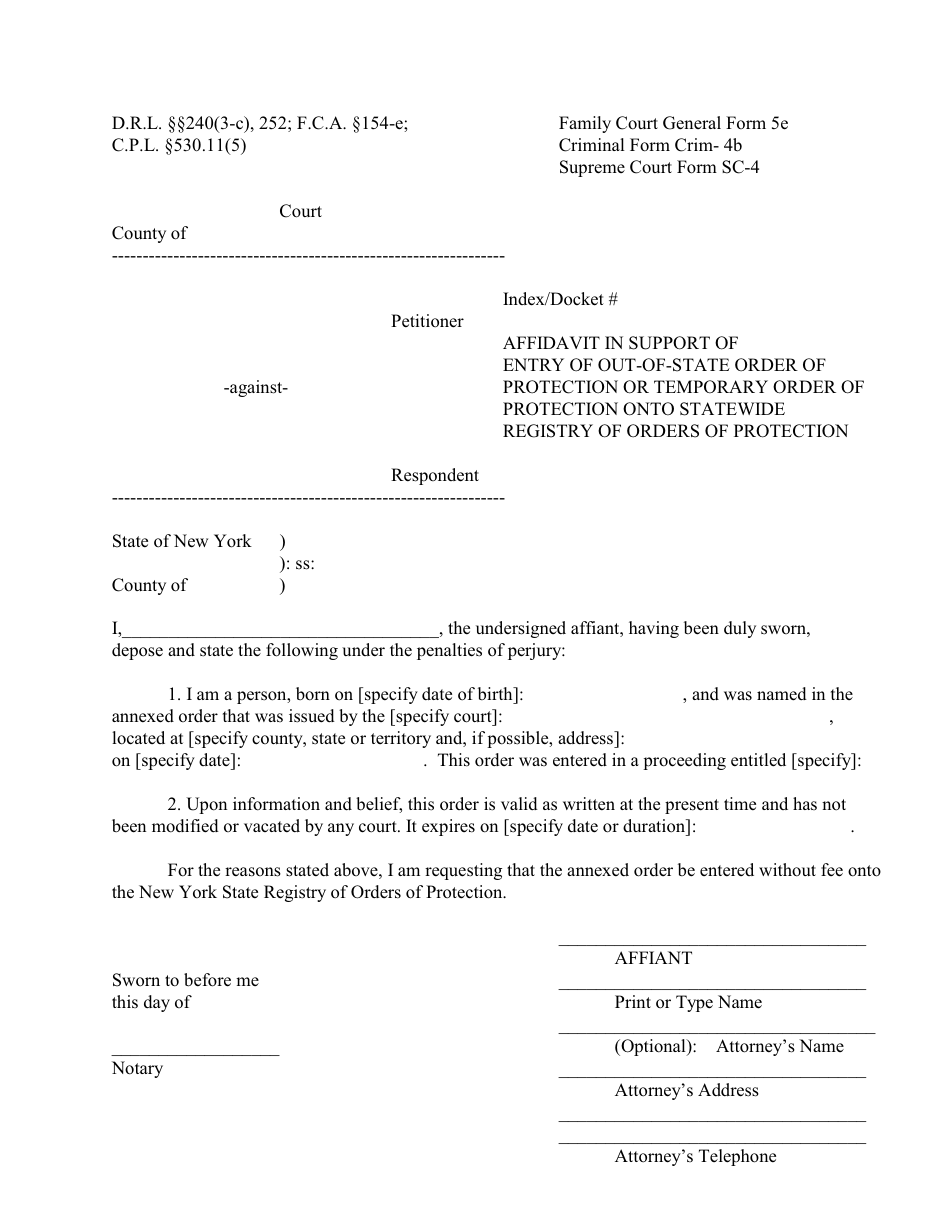 General Form 5E (Criminal Form 4B; SC-4) Affidavit in Support of Entry of Out-of-State Order of Protection or Temporary Order of Protection Onto Statewide Registry of Orders of Protection - New York, Page 1