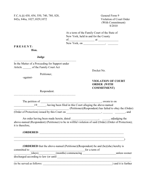 General Form 9 Violation of Court Order (With Commitment) - New York