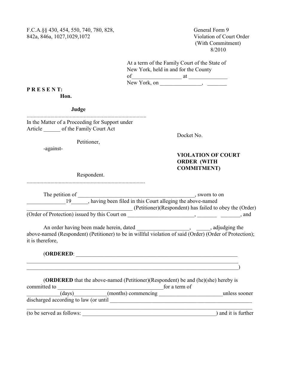 General Form 9 Violation of Court Order (With Commitment) - New York, Page 1