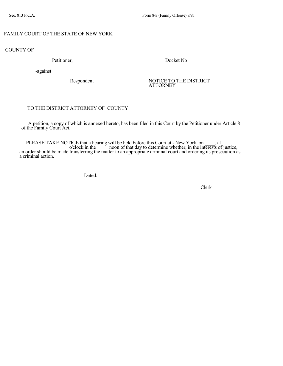 Form 8-3 Notice to the District Attorney - New York, Page 1