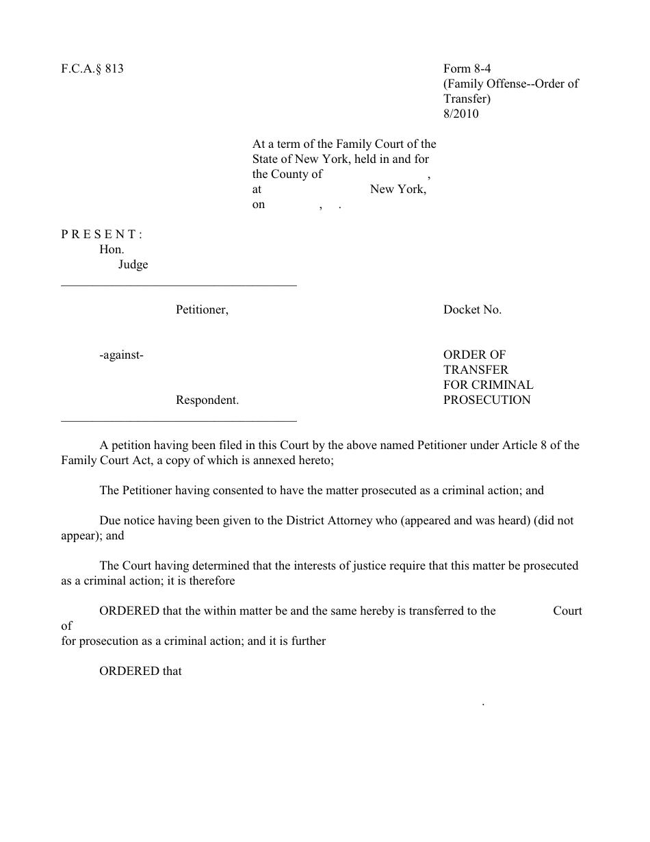 Form 8-4 Order of Transfer for Criminal Prosecution - New York, Page 1