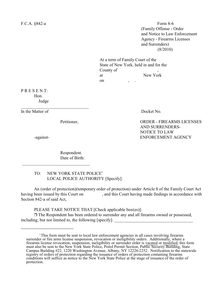 Form 8-6 Order - Firearms Licenses and Surrenders Notice to Law Enforcement Agency - New York, Page 1