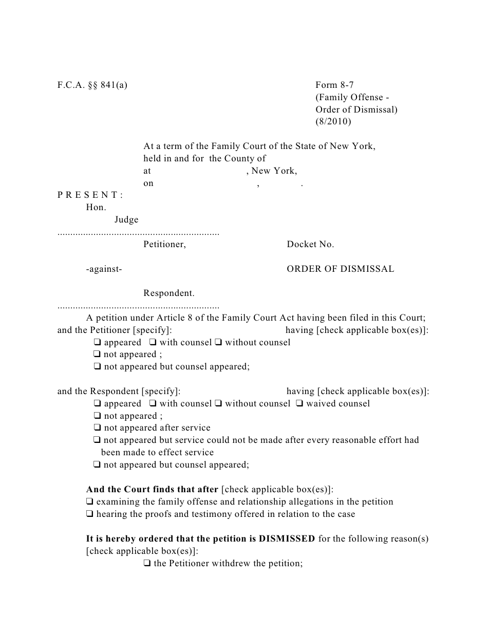 Form 8-7 Family Offense - Order of Dismissal - New York, Page 1