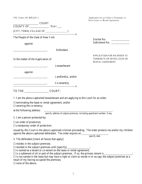 Application for an Order to Terminate or Sever Lease or Rental Agreement - New York Download Pdf