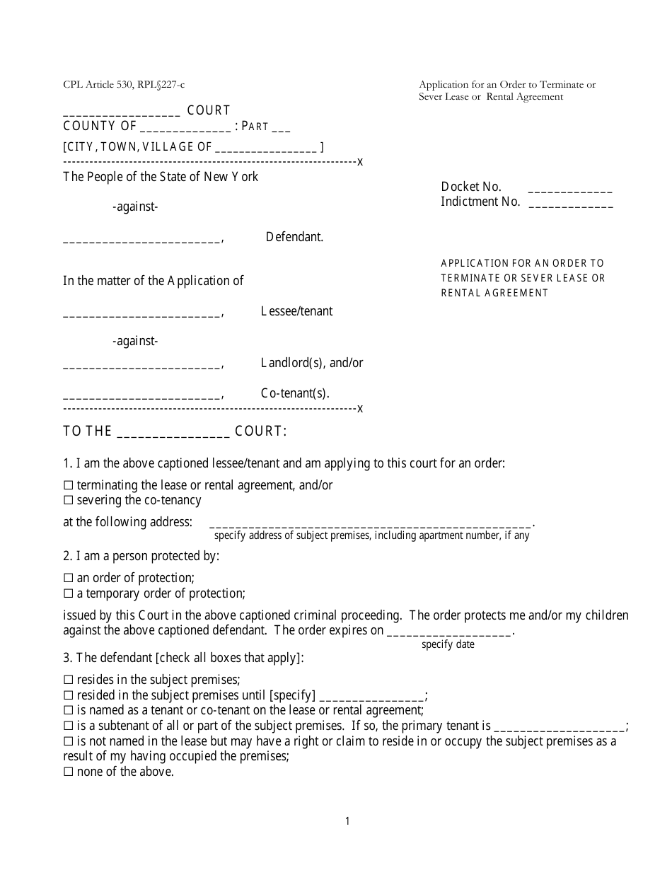 Application for an Order to Terminate or Sever Lease or Rental Agreement - New York, Page 1