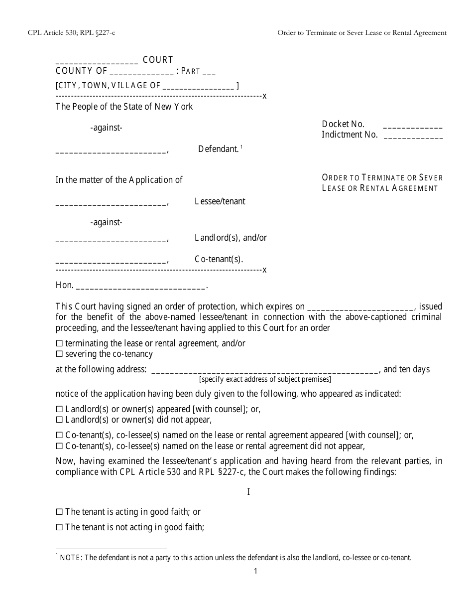 Order to Terminate or Sever Lease or Rental Agreement - New York, Page 1