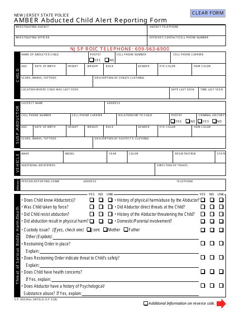 Form S.P.653 Amber Abducted Child Alert Reporting Form - New Jersey