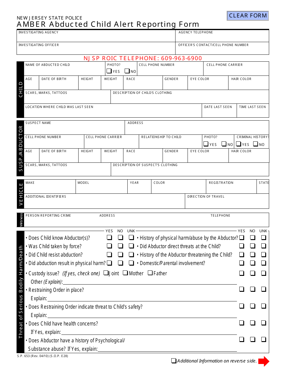 Form S.P.653 Amber Abducted Child Alert Reporting Form - New Jersey, Page 1