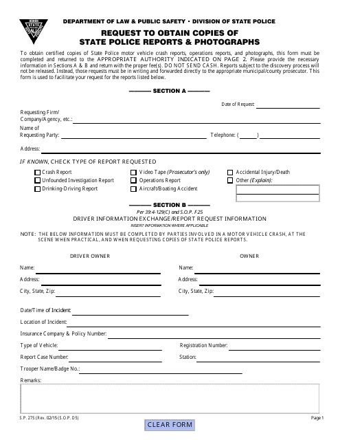 Form S.P.275 Request to Obtain Copies of State Police Reports &amp; Photographs - New Jersey