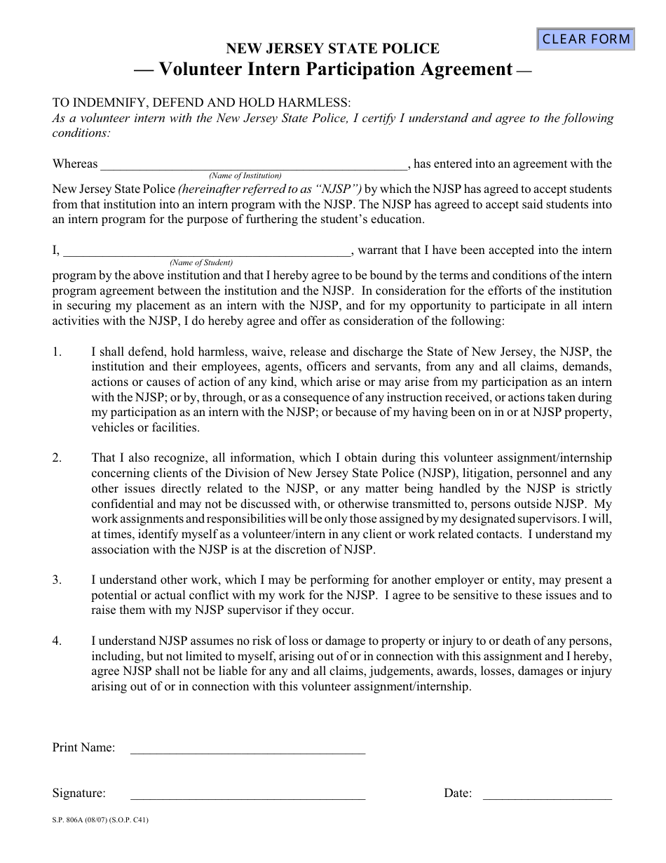 Form S.P.806A Volunteer Intern Participation Agreement - New Jersey, Page 1