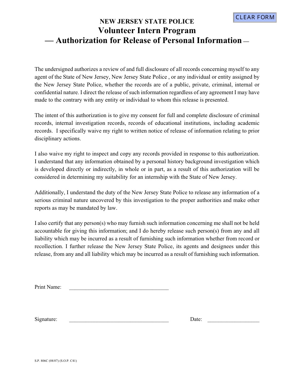 Form S.P.806C Njsp Authorization for Release of Personal Information - New Jersey, Page 1