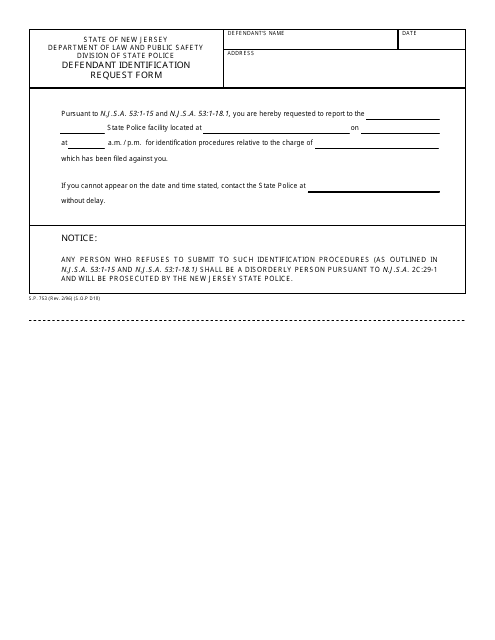 Form S.P.753 State Police Defendant Identification Request Form - New Jersey
