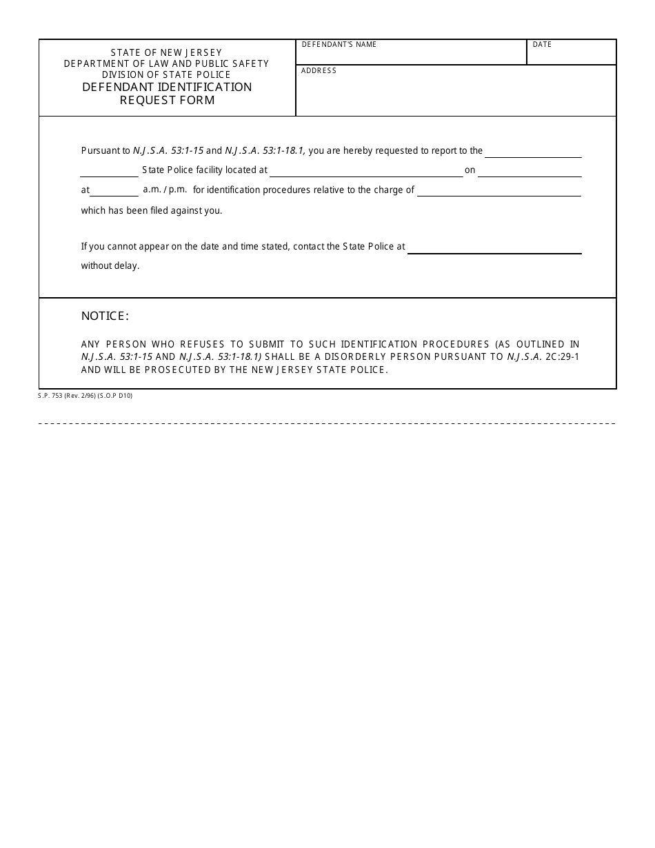 Form S.P.753 State Police Defendant Identification Request Form - New Jersey, Page 1