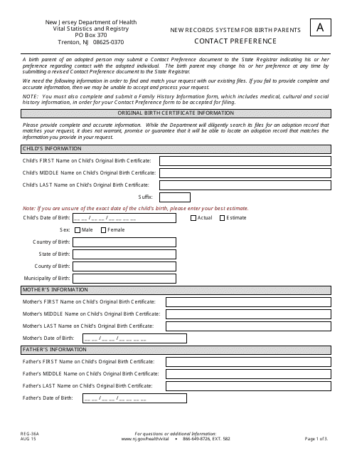 Form A (REG-36A) New Records System for Birth Parents Contact Preference - New Jersey