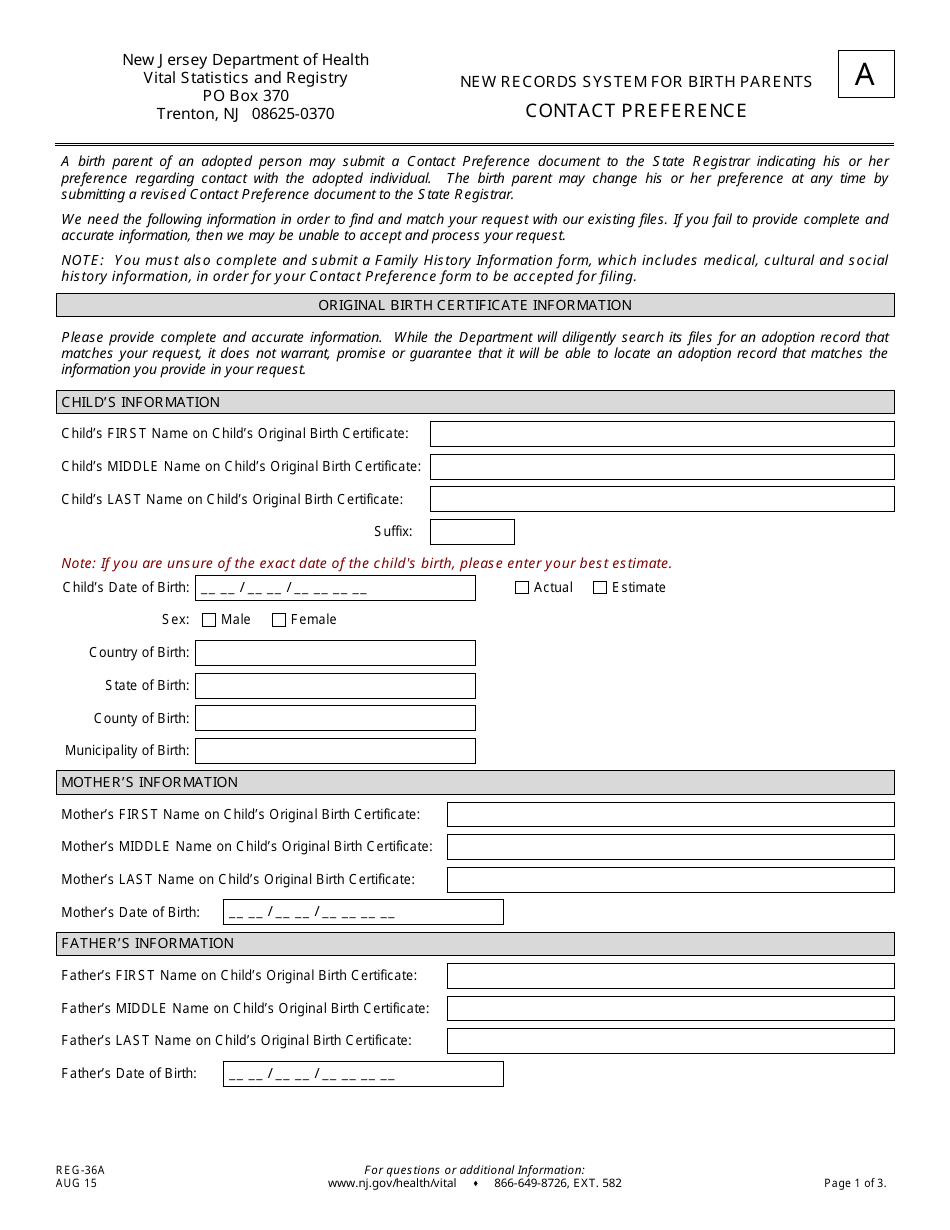 Form A (REG-36A) New Records System for Birth Parents Contact Preference - New Jersey, Page 1