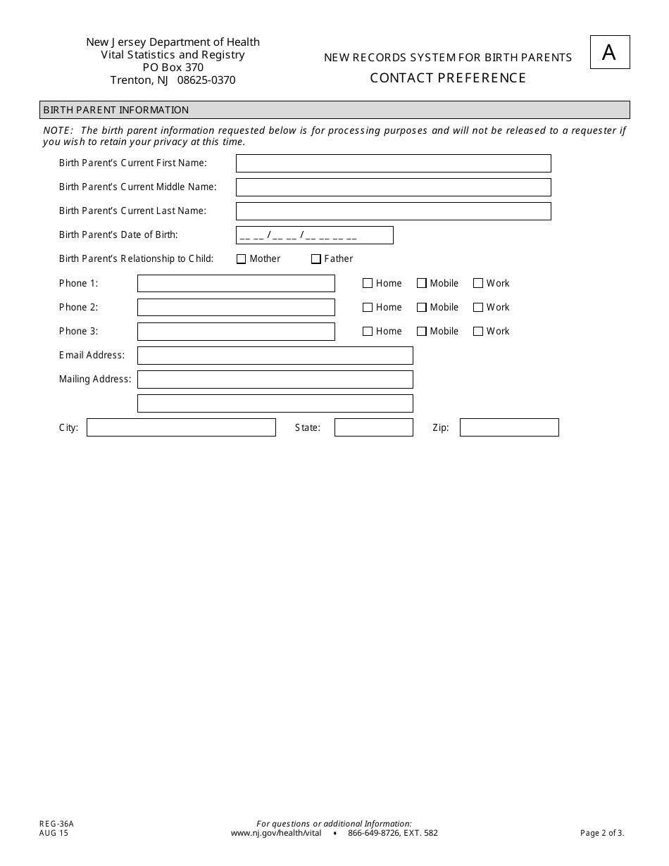 Form A (REG-36A) New Records System for Birth Parents Contact Preference - New Jersey, Page 2