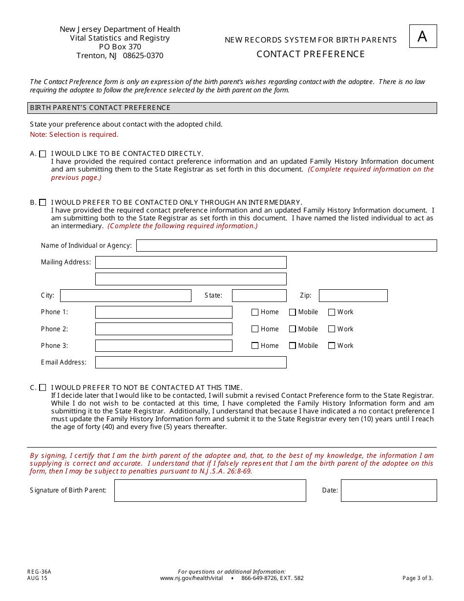 Form A (REG-36A) New Records System for Birth Parents Contact Preference - New Jersey, Page 3