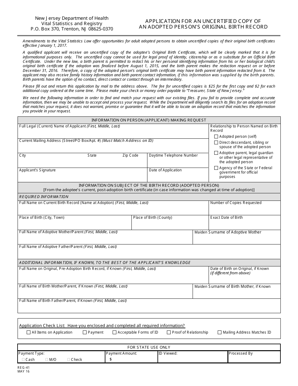 Form REG-41 Application for an Uncertified Copy of an Adopted Persons Original Birth Record - New Jersey, Page 1
