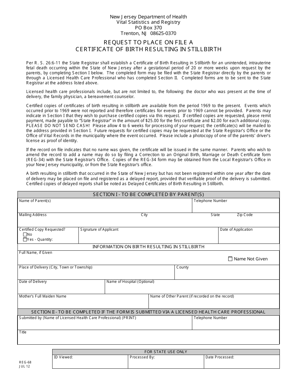 Form REG-68 Request to Place on File a Certificate of Birth Resulting in Stillbirth - New Jersey, Page 1