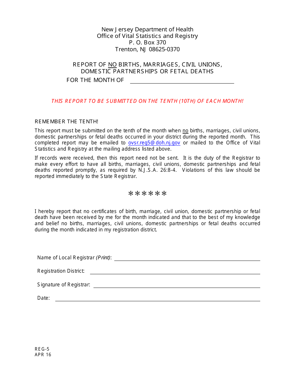 Form REG-5 Report of No Births, Marriages, Civil Unions, Domestic Partnerships or Fetal Deaths - New Jersey, Page 1