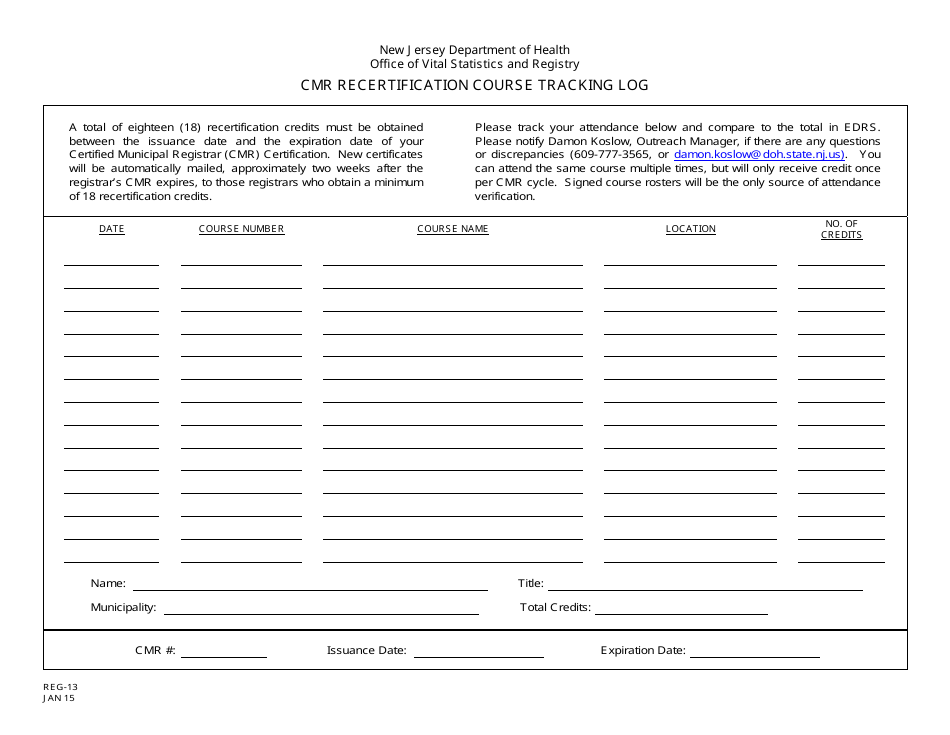 Form REG-13 Cmr Recertification Course Tracking Log - New Jersey, Page 1
