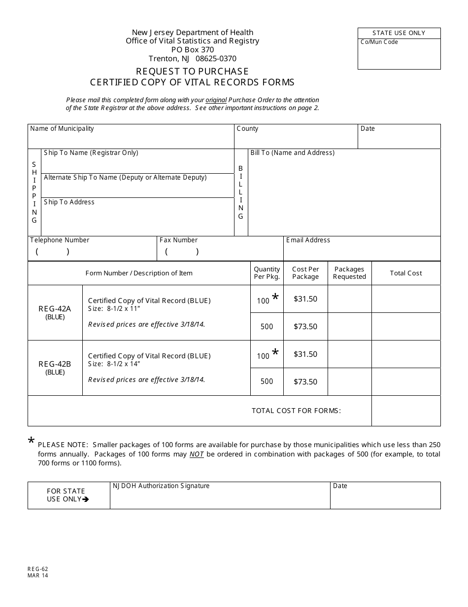 Form REG-62 Request to Purchase Certified Copy of Vital Records Forms - New Jersey, Page 1