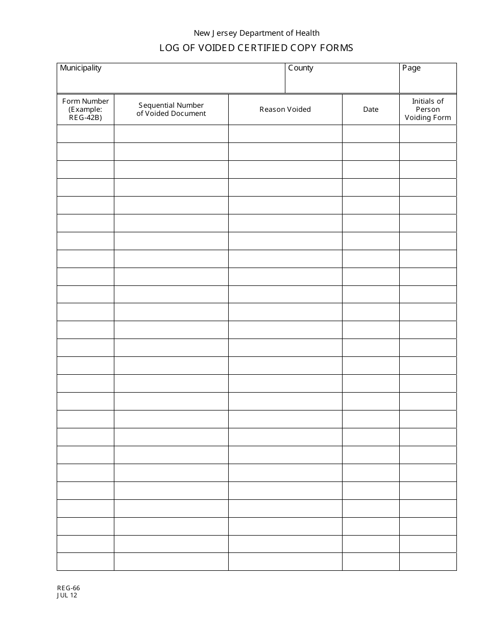 Form REG-66 Log of Voided Certified Copy Forms - New Jersey, Page 1