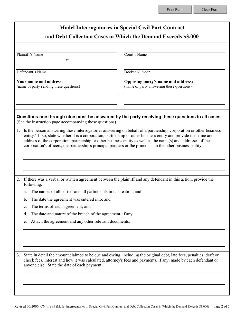 Form 11895 Model Interrogatories in Special Civil Part Contract and Debt Collection Cases in Which the Demand Exceeds $3,000 - New Jersey, Page 2