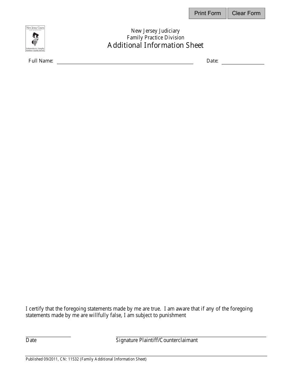 Form CN:11532 Additional Information Sheet - New Jersey, Page 1