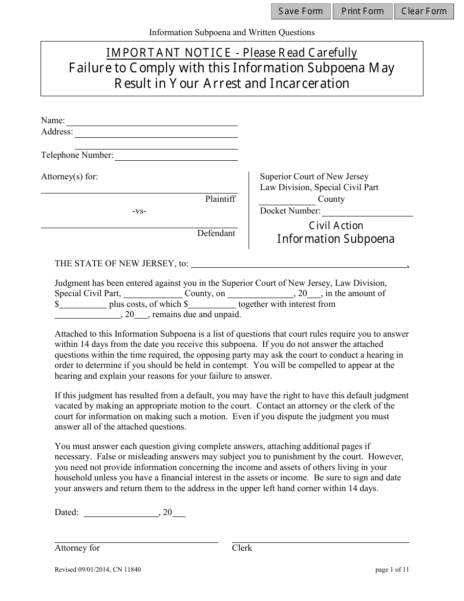 Form 11840 Appendix XI-L Information Subpoena - New Jersey, Page 1