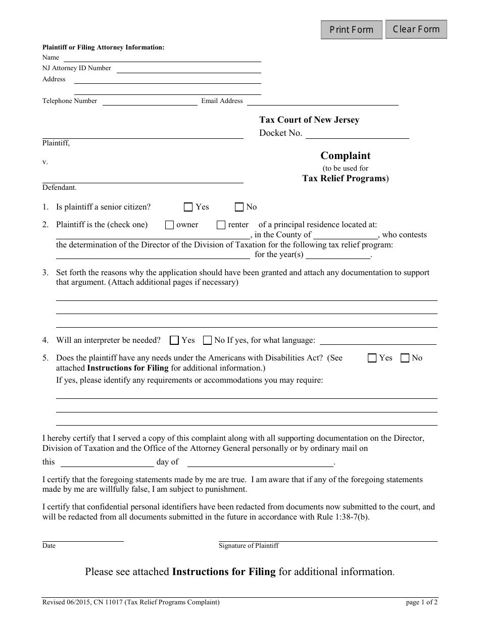 Form 11017 Tax Relief Programs Complaint - New Jersey, Page 1