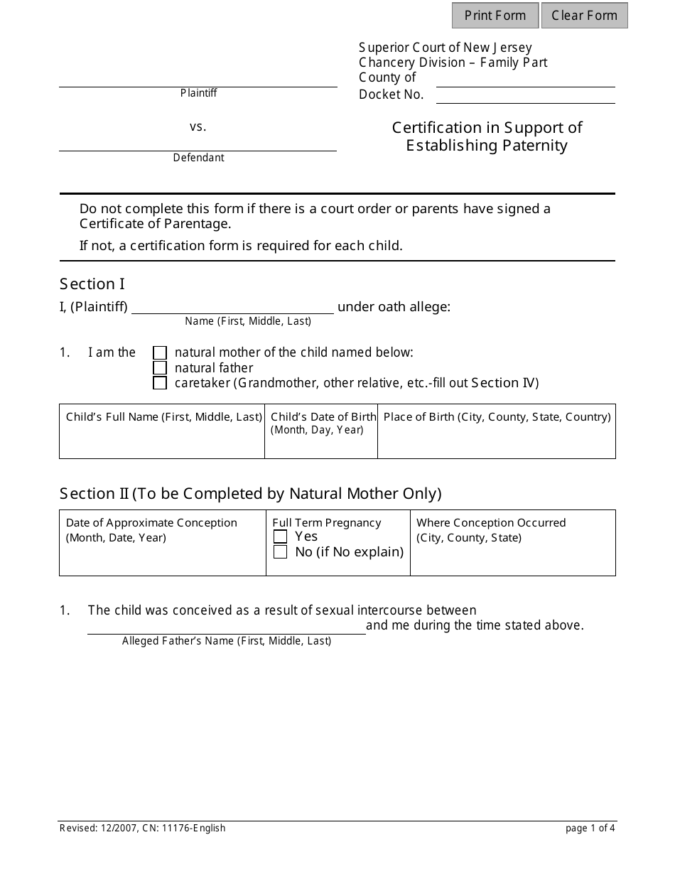 Form CN:11176 Certification in Support of Establishing Paternity - New Jersey, Page 1