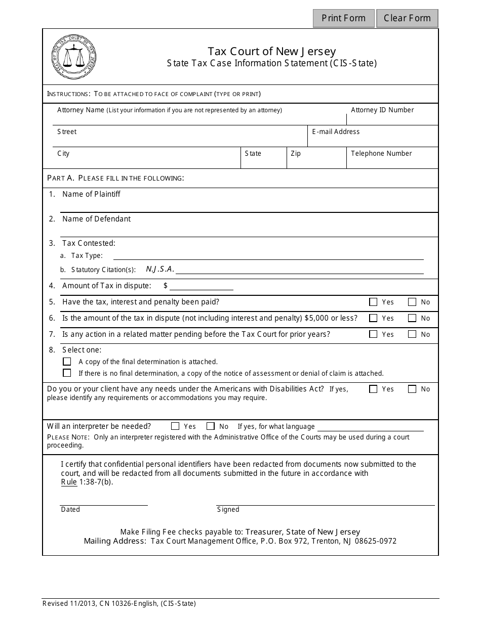 Form 10326 State Tax Case Information Statement (Cis-State) - New Jersey, Page 1