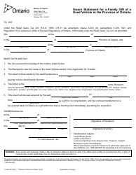 Form 1157E &quot;Sworn Statement for a Family Gift of a Used Vehicle in the Province of Ontario&quot; - Ontario, Canada