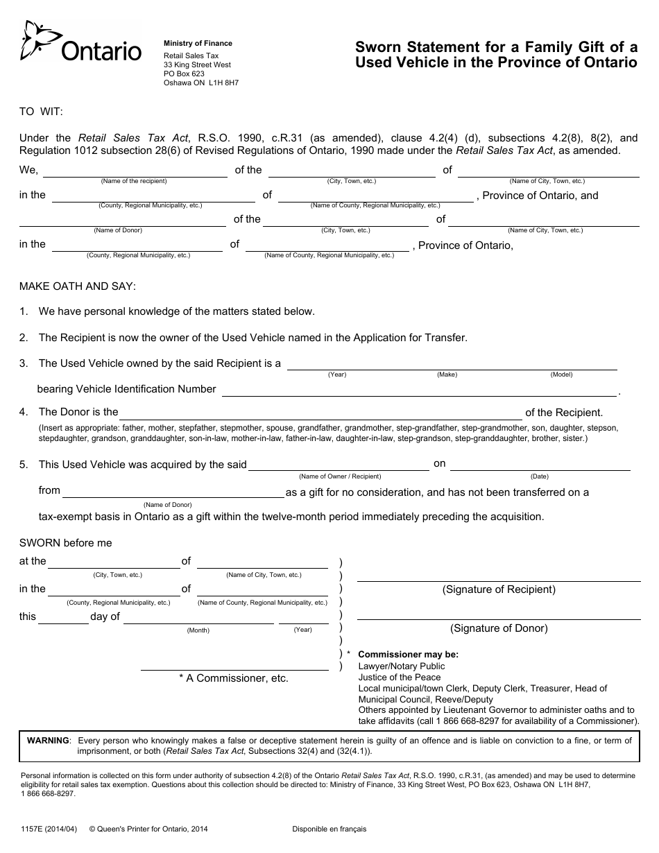 Form 1157E Sworn Statement for a Family Gift of a Used Vehicle in the Province of Ontario - Ontario, Canada, Page 1