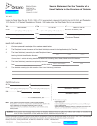 Document preview: Form 1155E Sworn Statement for the Transfer of a Used Motor Vehicle in the Province of Ontario - Ontario, Canada